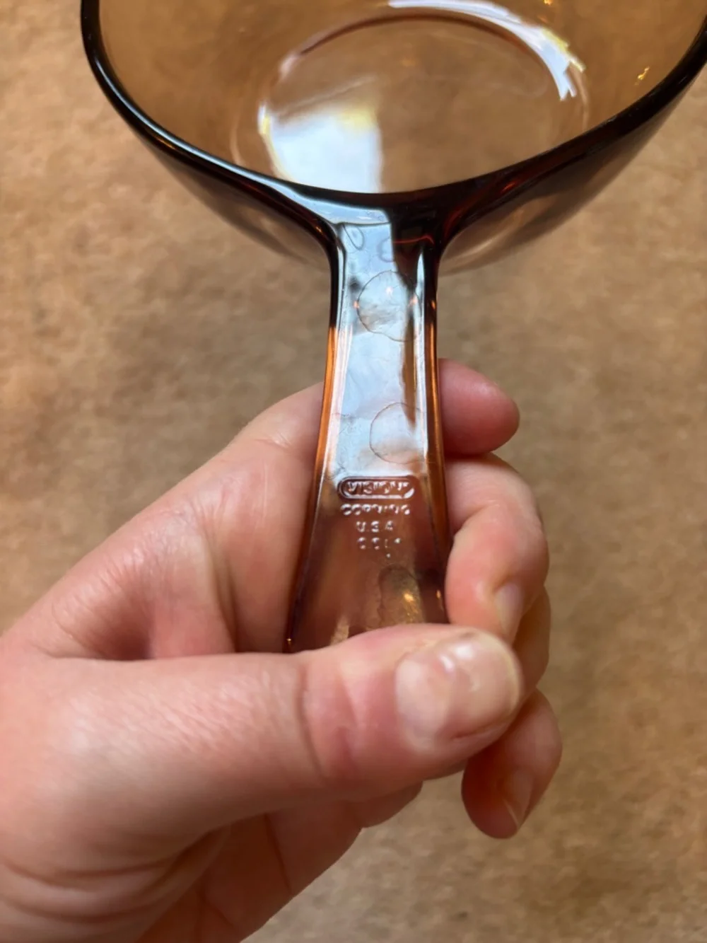 Vintage Pyrex Vision Amber Glass Sauce Pan with Handle 1.5 cup USA